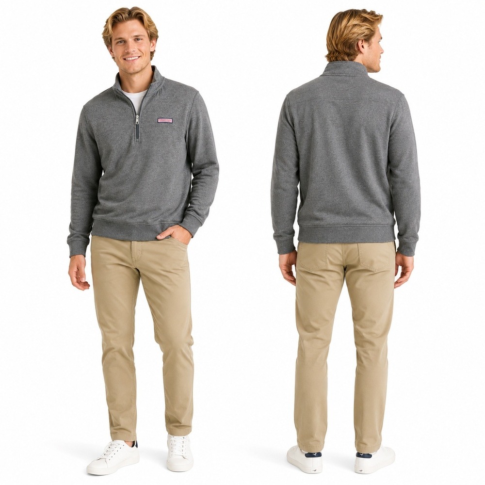 Vineyard Vines Pullover Mens M Gray 1/4 Zip Mock Neck Logo Patch‎ 6K1637 Cotton
